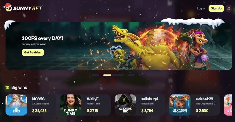 Sunnybet casino homepage with a full Christmas theme.